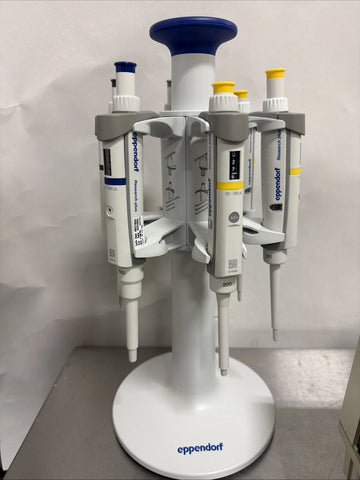 Set 6- Eppendorf Research Plus 2.5, 10, 20, 100, 200, 1000uL Pipette + Carousel, USED