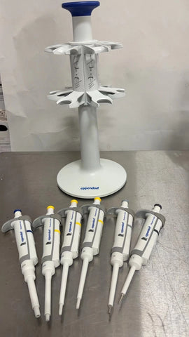 Set 6- Eppendorf Research Plus 2.5, 10, 20, 100, 200, 1000uL Pipette + Carousel, USED