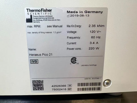 Thermo Electron Heraeus Pico 21 Benchtop Microcentrifuge with Rotor with Warrant, USED
