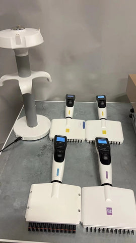 Set of 4 Integra Viaflo 12 Channel Pipettes & Stand 12.5, 125, 125, & 1250 uL
