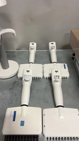 Set of 4 Integra Viaflo 12 Channel Pipettes & Stand 12.5, 125, 125, & 1250 uL