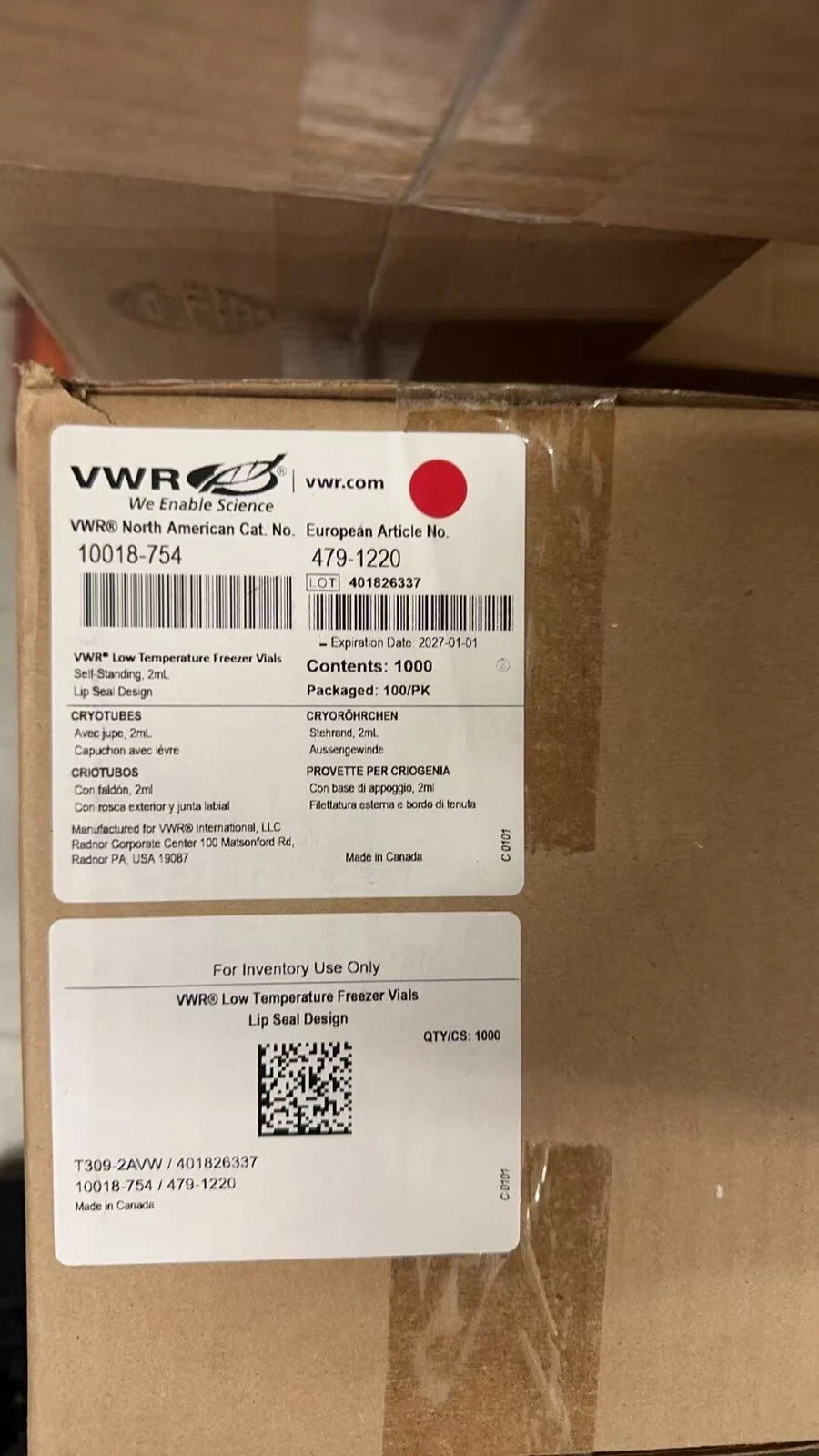 VWR 10018-754 Low temperature freezer vials, 2ml self-standing, 1000/pk