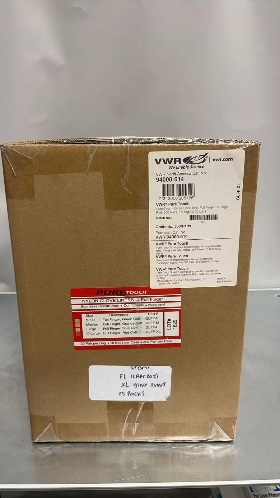 VWR 94000-614 pure touch Full finger liners, with red cuff , X-large, 300 pairs