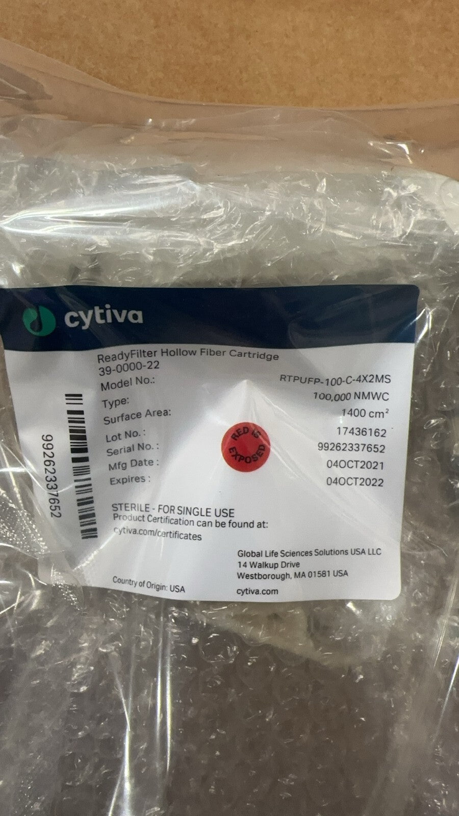 cytiva ReadyFilter Hollow Fiber Cartridge, 39-0000-22, 1/Pack, sterile, 1400 cm2