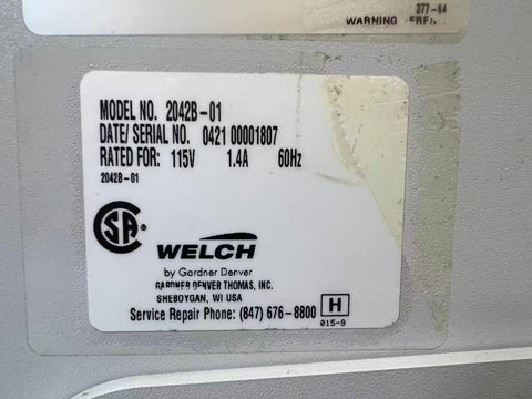 Welch 2042 Dryfast Ultra Diaphragm Vacuum Pump, 115V 60Hz 1 PH, Model 2042B-01