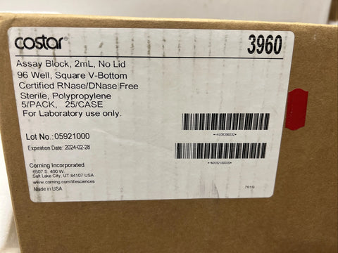 CORNING COSTAR 2mL Square Assay Block 96-Well #3960 V-Bottom No Lid25/Case