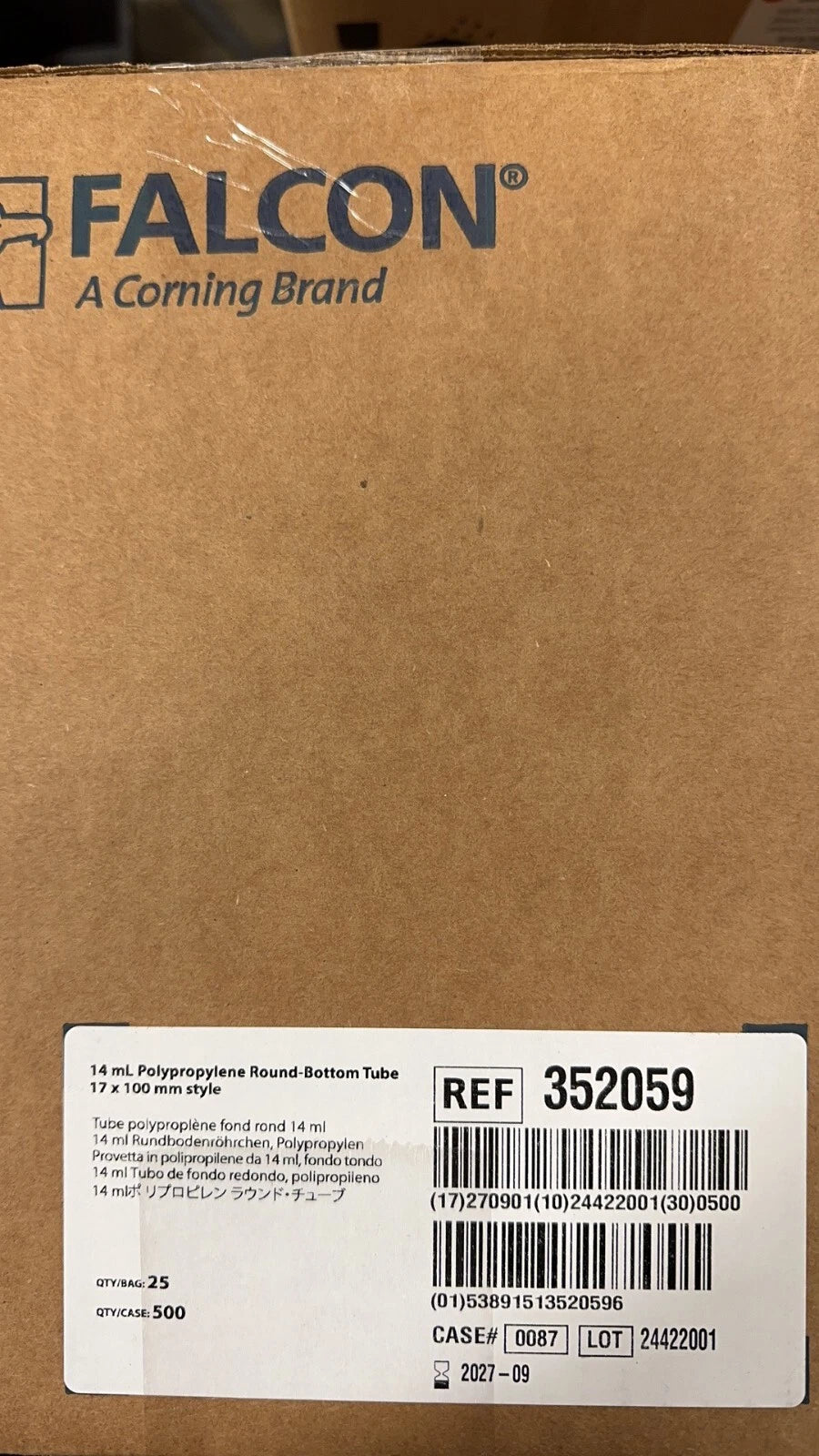 Box of 500 Corning Falcon 352059 14mL Polypropylene Round Bottom Tube 17x100mm
