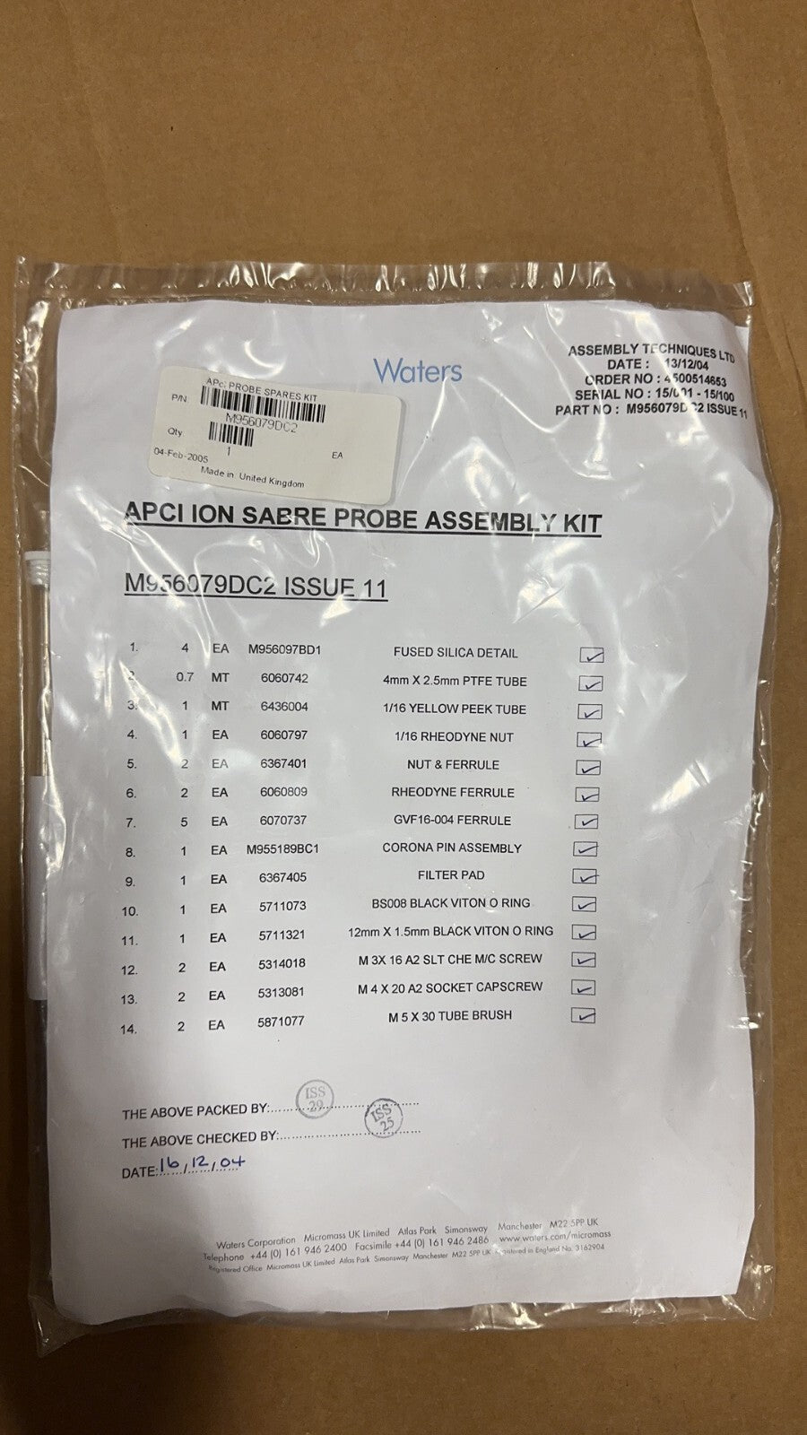 New Unopened! Waters M956079DC2 Apci Ion Sabre Spares Kit