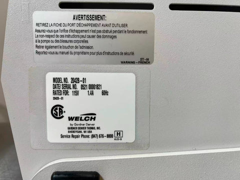 Welch 2042 Dryfast Ultra Diaphragm Vacuum Pump, 115V 60Hz 1 PH, Model 2042B-01