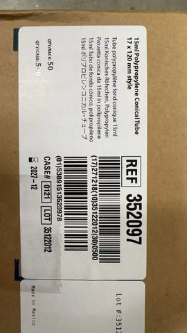 Falcon 15 mL High Clarity Centrifuge Tube Conical Bottom 352097, 500/Cs